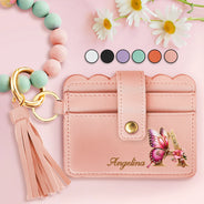 Gift For Yourself,Gift For Women,Happy,Gift For Bestie  - Flower Butterfly Monogram - Personalized Keychain Wristlet Leather Wallet