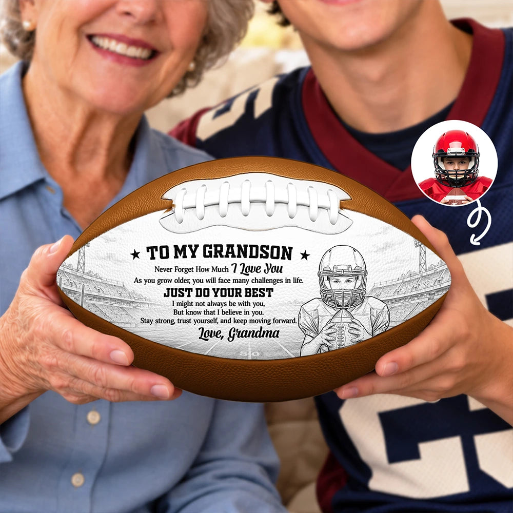 Football Birthday Gift For Grandson - Personalized Custom Photo Pencil Sketch I Believe In You Leather Football