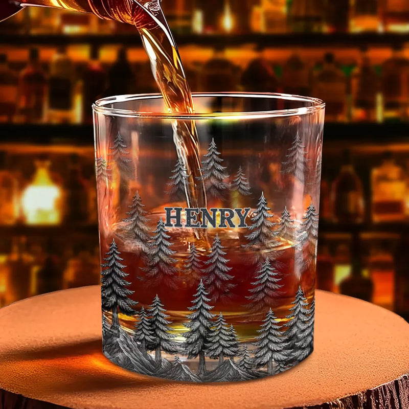 Gift For Men,Gift For Yourself,Dad's Hobby,Gift For Father,Happy - Forest & Clouds Camping Vibe Nature Inspired - Personalized Whiskey Glass