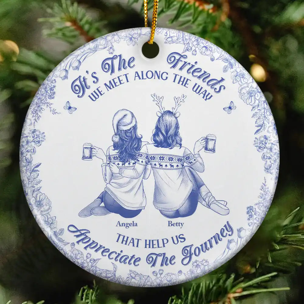 Friends We Meet Along The Way Toile De Jouy Besties - Personalized Circle Ceramic Ornament