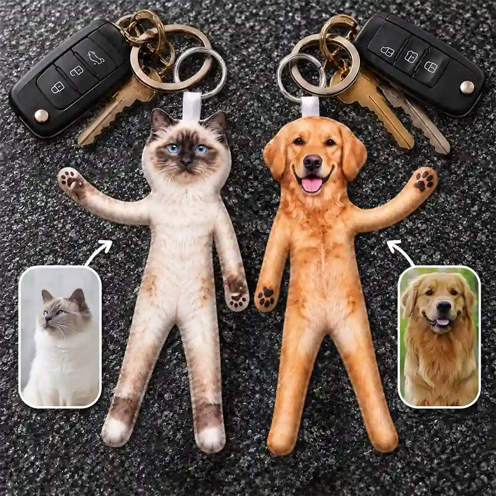 Funny Gift For Dog Mom, Dad, Cat Lover - Personalized Custom Photo Pet Squishy Toy Poseable Plush Doll Keychain