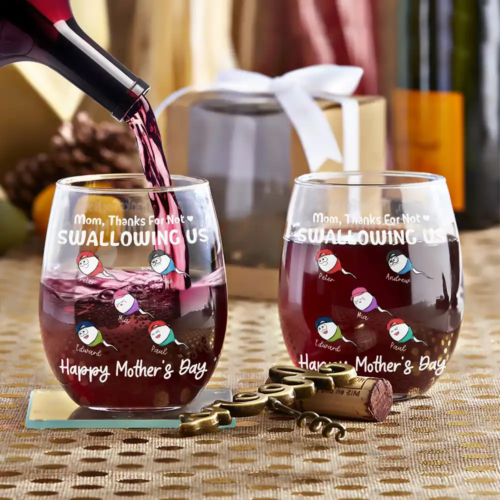 Gift For Mother - Funny Mom Thanks For Not Swallowing Us - Personalized Stemless Wine Glass