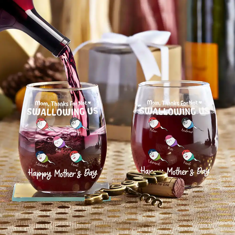Gift For Mother - Funny Mom Thanks For Not Swallowing Us - Personalized Stemless Wine Glass