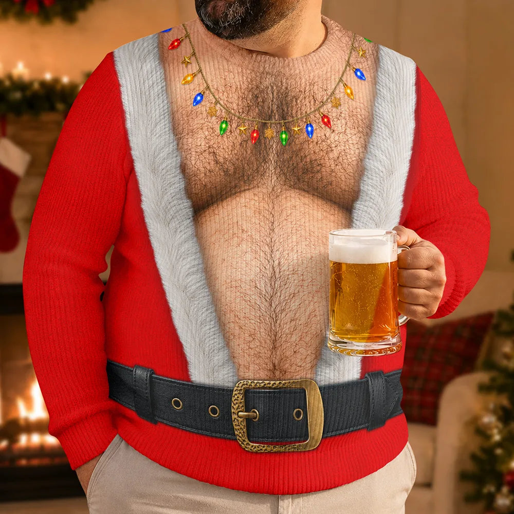 Funny Santa Abs Belly Body For Husband Dad Grandpa - Personalized Unisex Ugly Sweater