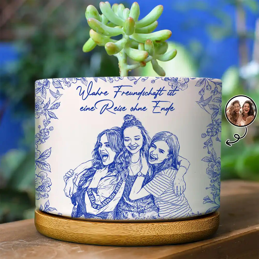 Eigenes Foto Als Bleistiftskizze Wahre Freundschaft Ist Eine Reise Ohne Ende - Personalisierter Keramik-Blumentopf