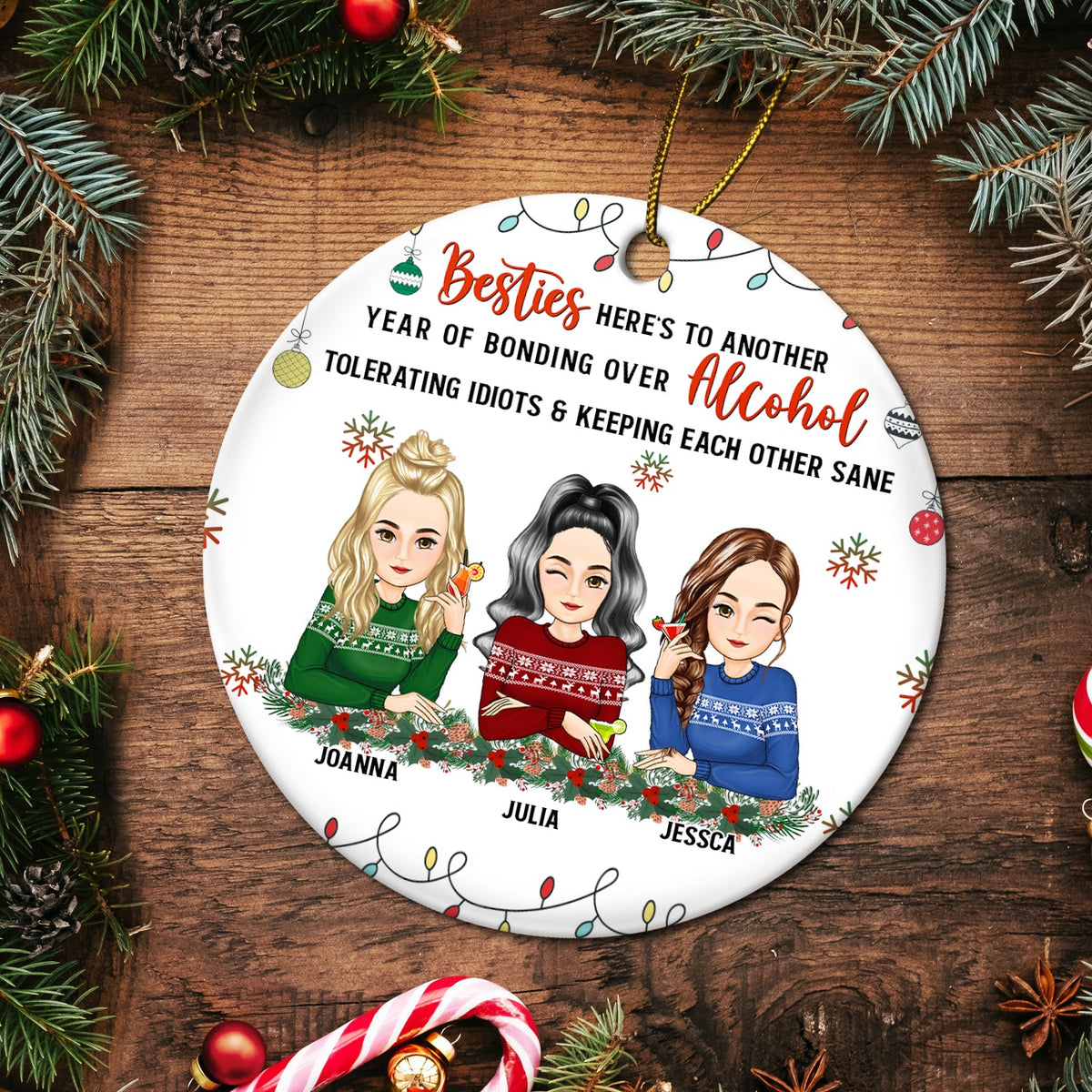 Christmas Bestie Drinking Here's To Another Year - Gift For Besties - Personalized Circle Ceramic Ornament