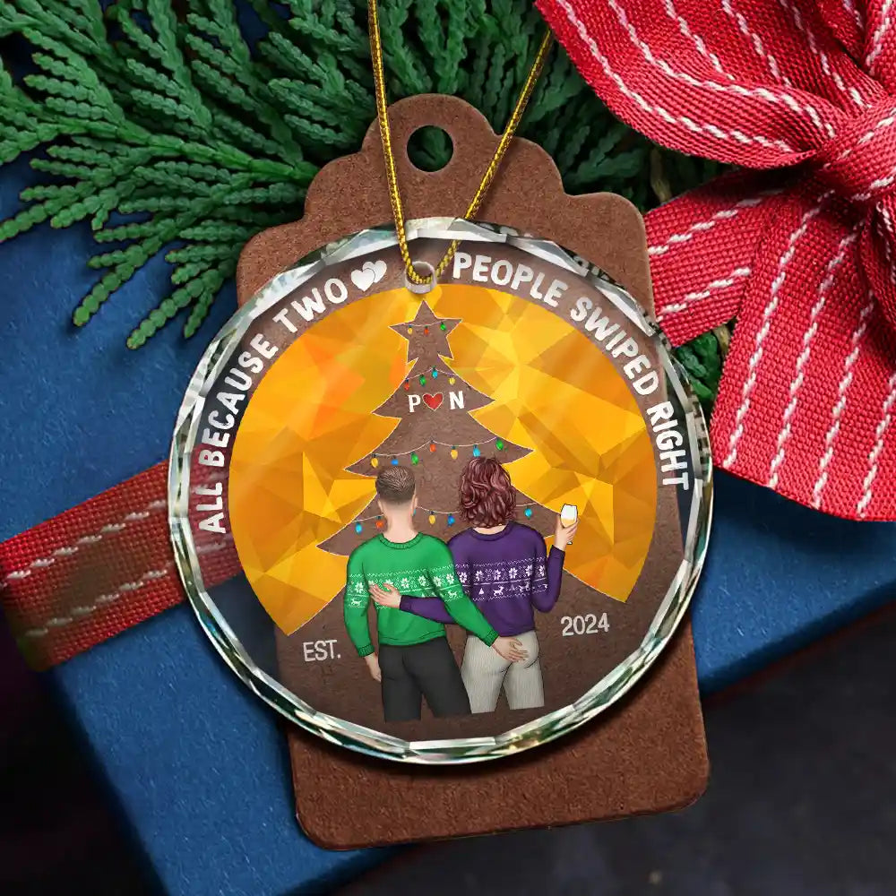 Two People Swiped Right - Personalized Circle Glass Ornament