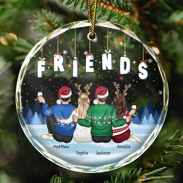 Christmas,Gift For Bestie,Gift For Sisters,Gift For Brothers,Gift For Sibling,Happy - Friends Besties Sisters Brothers Sitting Together - Personalized Circle Glass Ornament