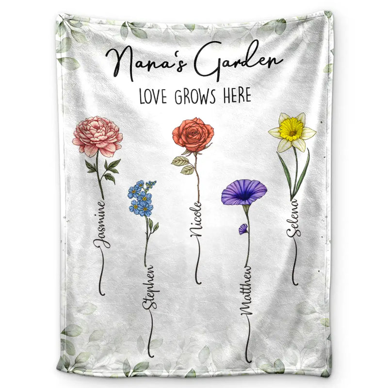 Gift For Grandma, Gift For Mother - Birth Flower Garden Love Grows Here - Personalized Fleece Blanket, Sherpa Blanket