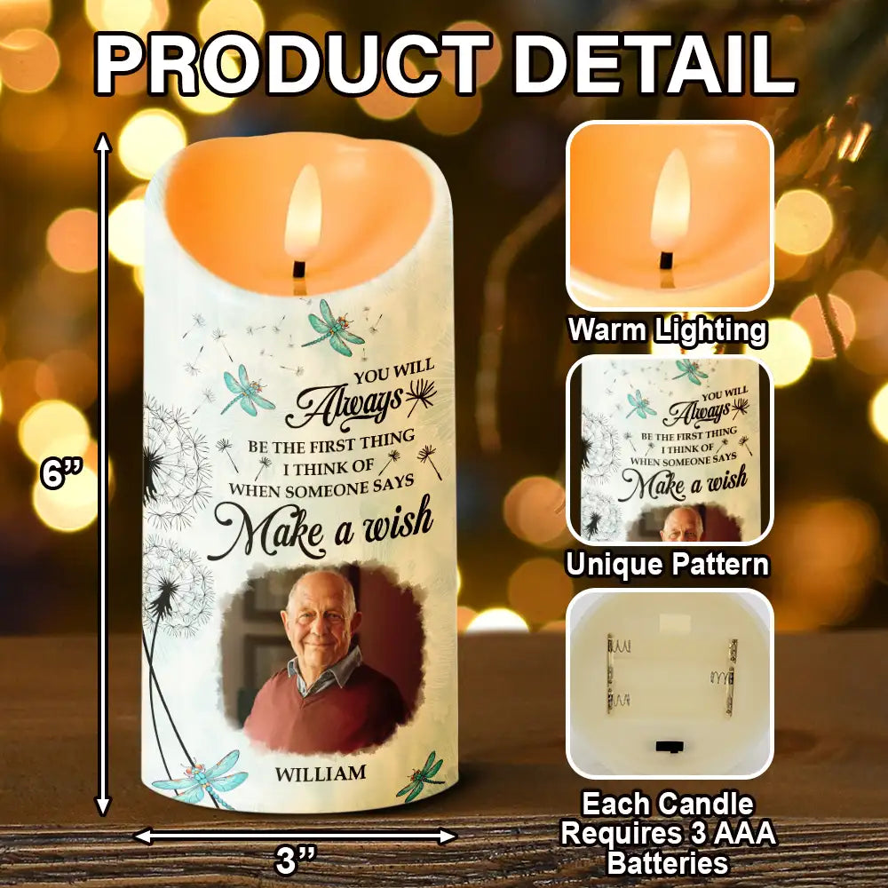 Memorial, Gift For Husband, Gift For Wife, Gift For Mother, Gift For Father, Gift For Grandpa, Gift For Grandma, Gift For Daughter, Gift For Son, Gift For Sibling, Gift For Sisters, Gift For Brothers ,Family  - Custom Photo Memorial Dandelion Make A Wish - Personalized Flameless LED Candle
