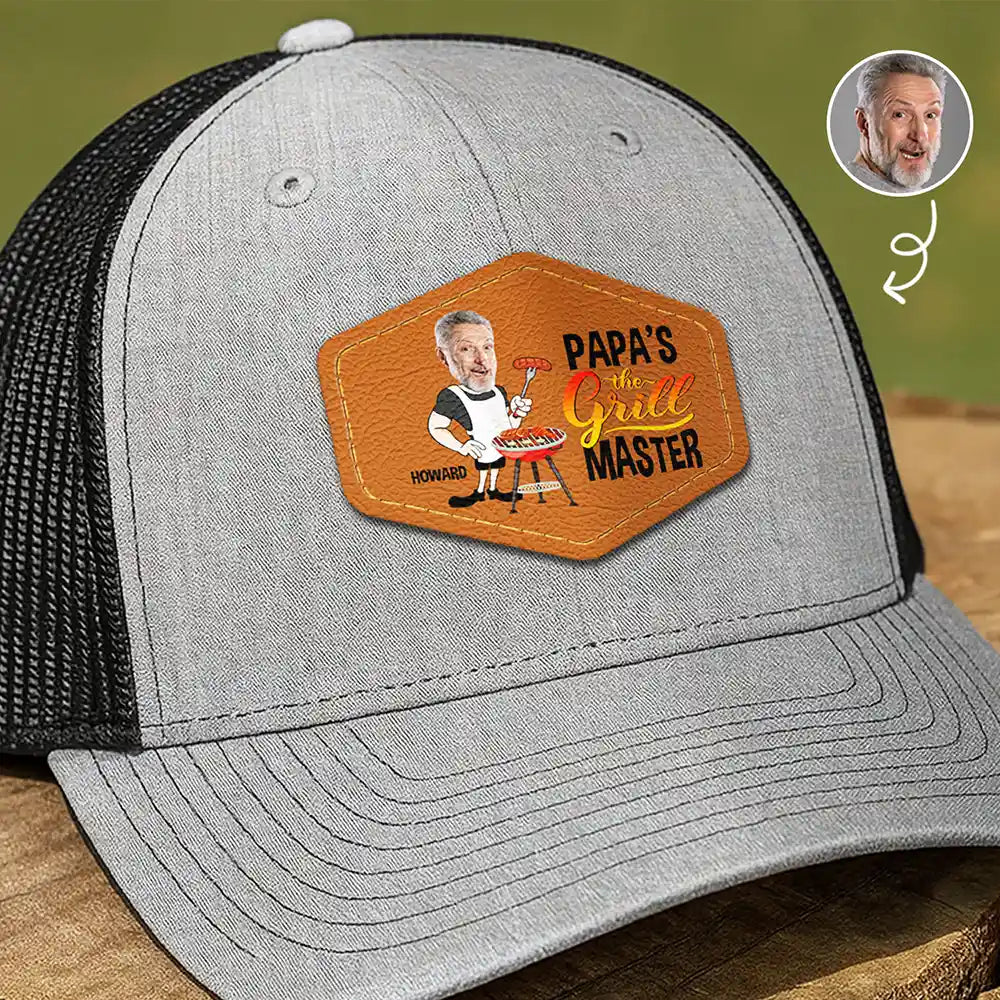 Custom Photo Papa The Grill Master BBQ Dad Grandpa - Personalized Leather Patch Hat