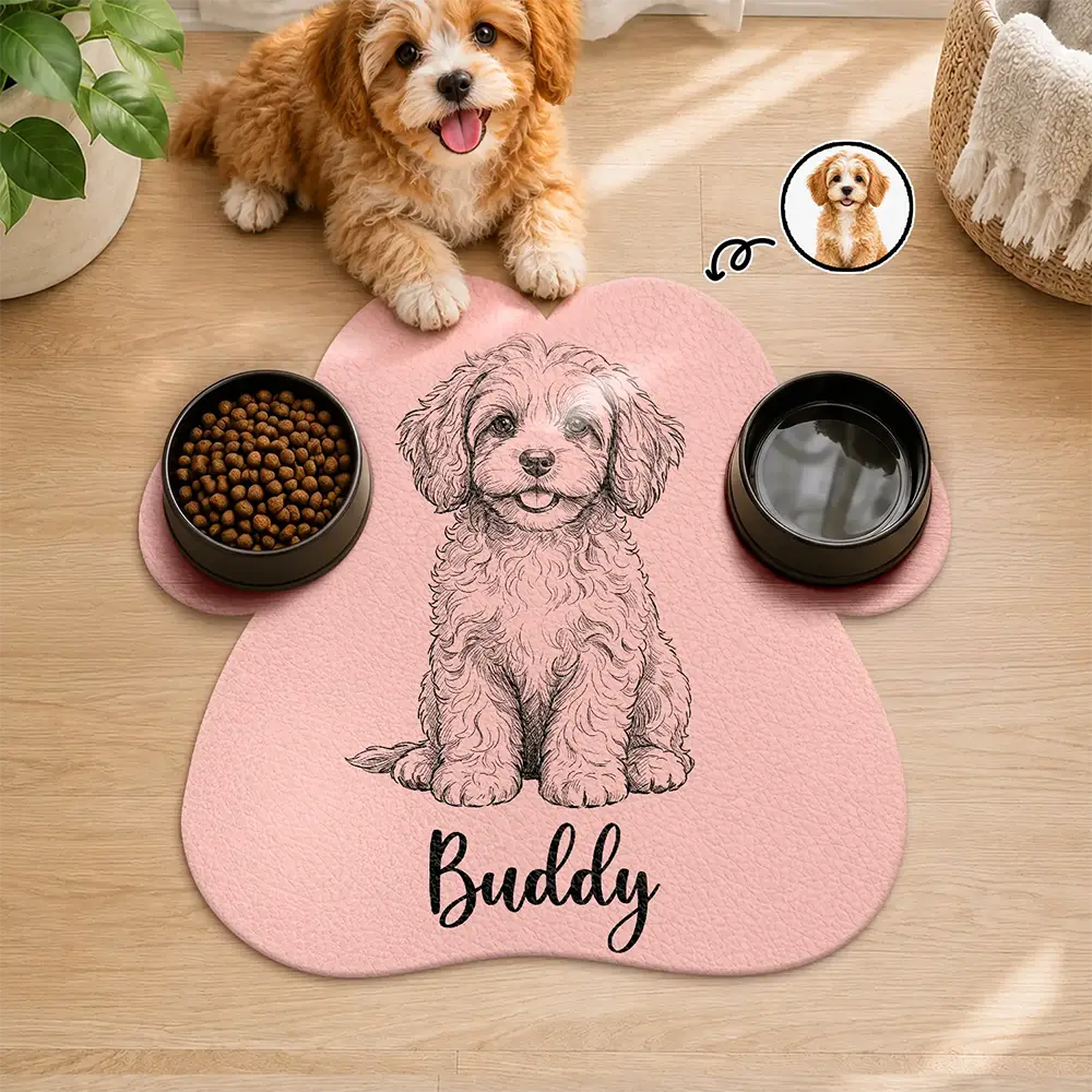 Gift For Dog Lovers - Personalized Custom Photo Pencil Sketch Dog Ears Line Art With Name Pet Feeding Mat