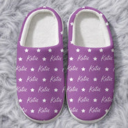 Christmas,Custom Text,Gift For Kids,Playful - Gift For Kids - Personalized Name Heart Star Pattern Fluffy Slippers