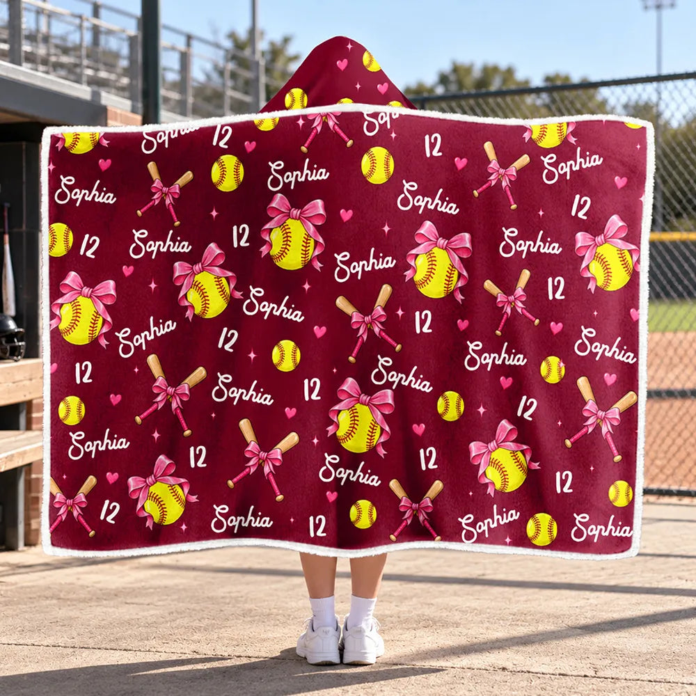 Christmas,Gift For Women,Gift For Yourself,Gifts For Her,Happy,Icon,Softball - Gift For Softball Player - Personalized Name Number Coquette Bow Wearable Hooded Blanket