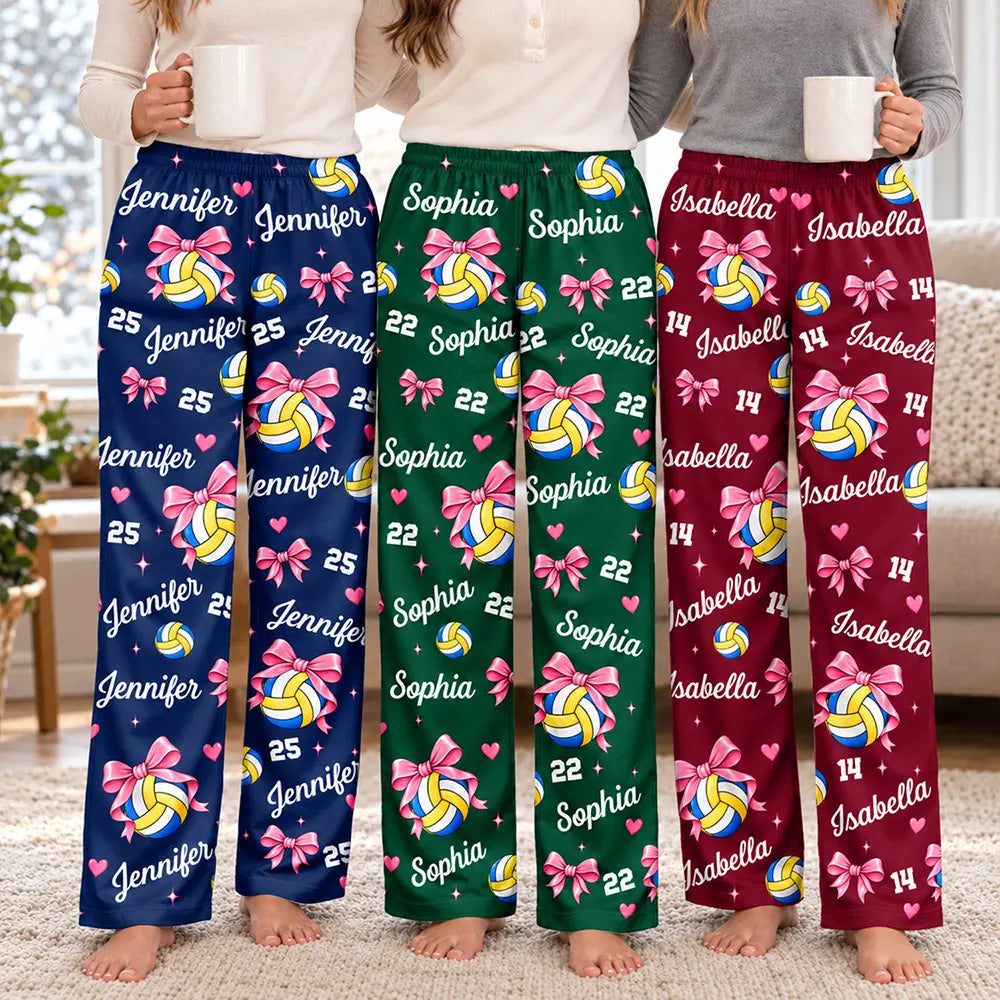 Gift For Volleyball Player Volleyball Team - Personalized Custom Name Number Coquette Bow Pajama Pants