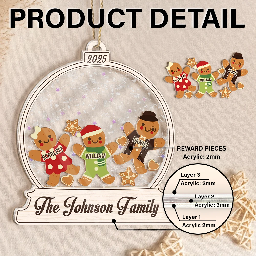 Christmas,Family,Happy - Gingerbread Family Shaker - Personalized 3-Layered Acrylic Shaker Ornament