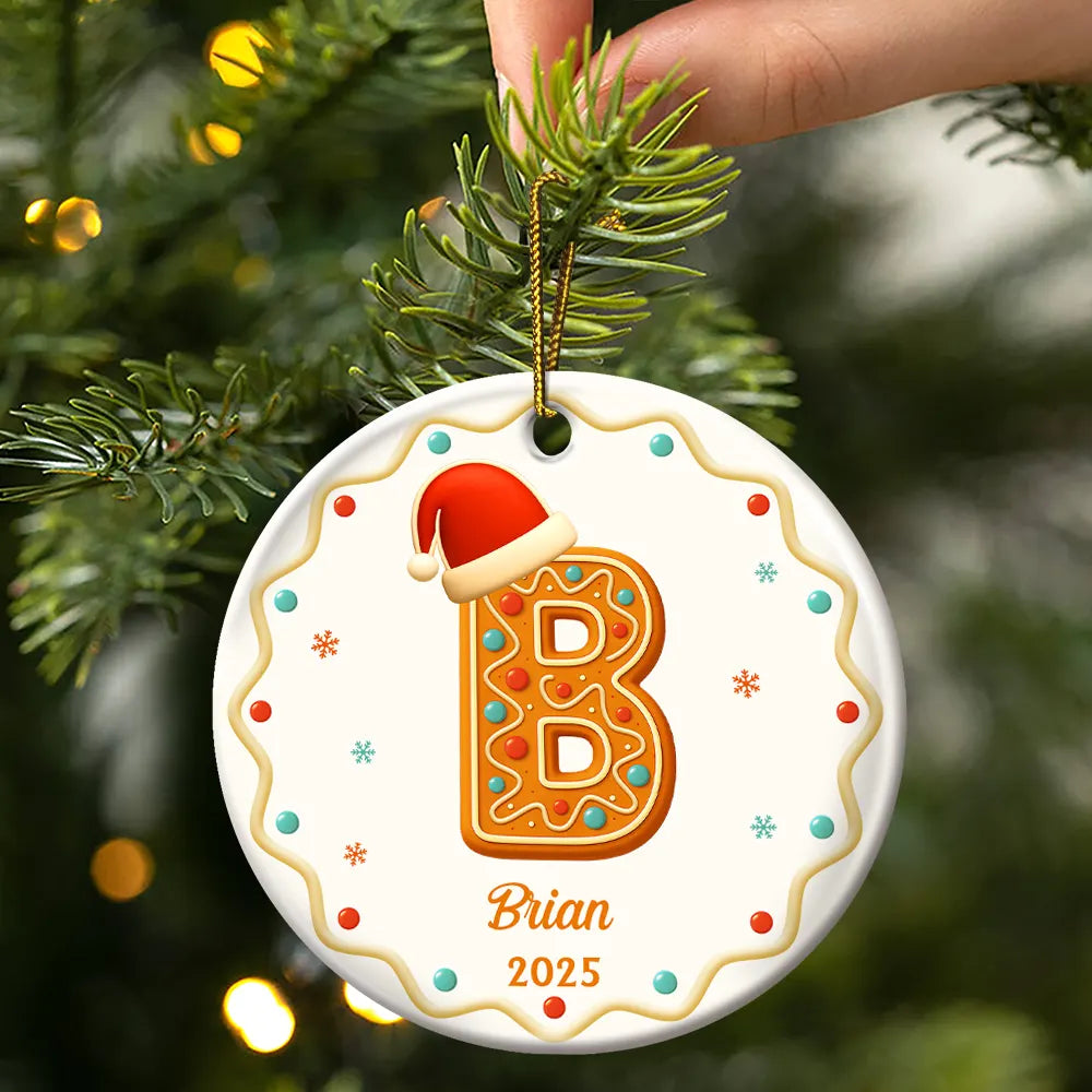 Christmas,Family,Non-Eng,Gift For Yourself - Gingerbread Letters With Santa Hat 2025 - Personalized Circle Ceramic Ornament