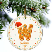 Christmas,Family,Non-Eng,Gift For Yourself - Gingerbread Letters With Santa Hat 2025 - Personalized Circle Ceramic Ornament