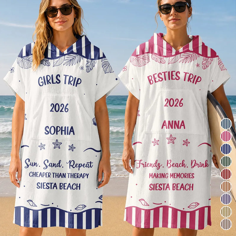 Beach, Summer, Gift For Bestie, Humorous, Custom Text - Girls Besties Friends Trip Cheaper Than Therapy - Personalized Hooded Poncho Towel