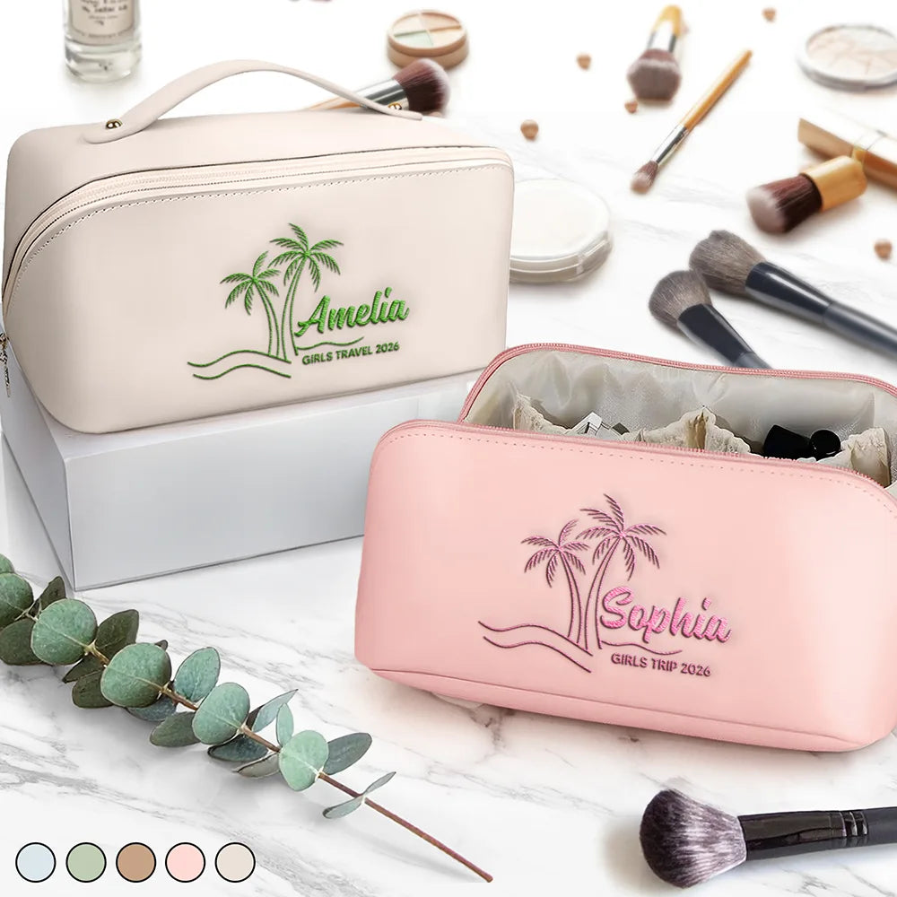 Gift For Women,Happy,Gift For Bestie,Travel,Beach - Girls Trip Palm Trees Beach - Personalized Embroidered Leather Makeup Bag