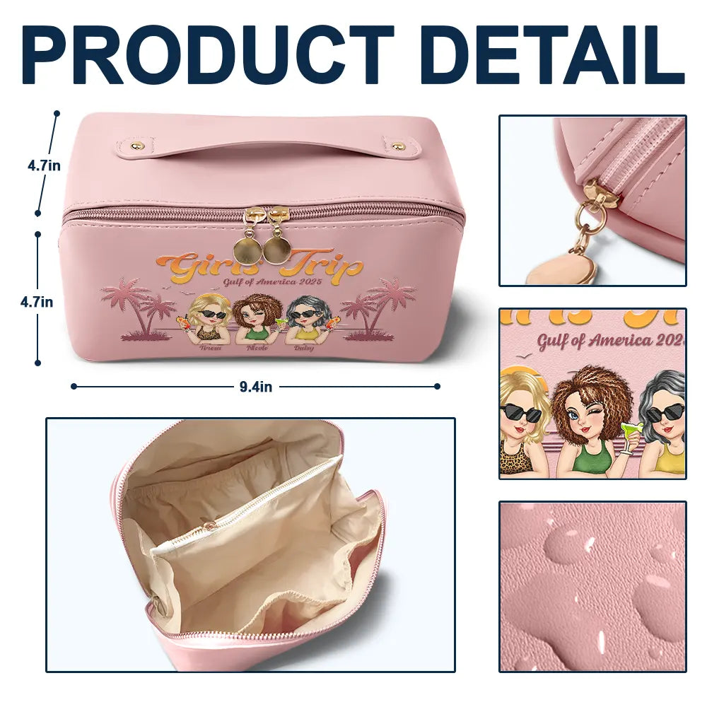 Travel,Beach,Summer,Gift For Bestie,Happy - Girls Trip Summer Vibe - Personalized Leather Makeup Bag