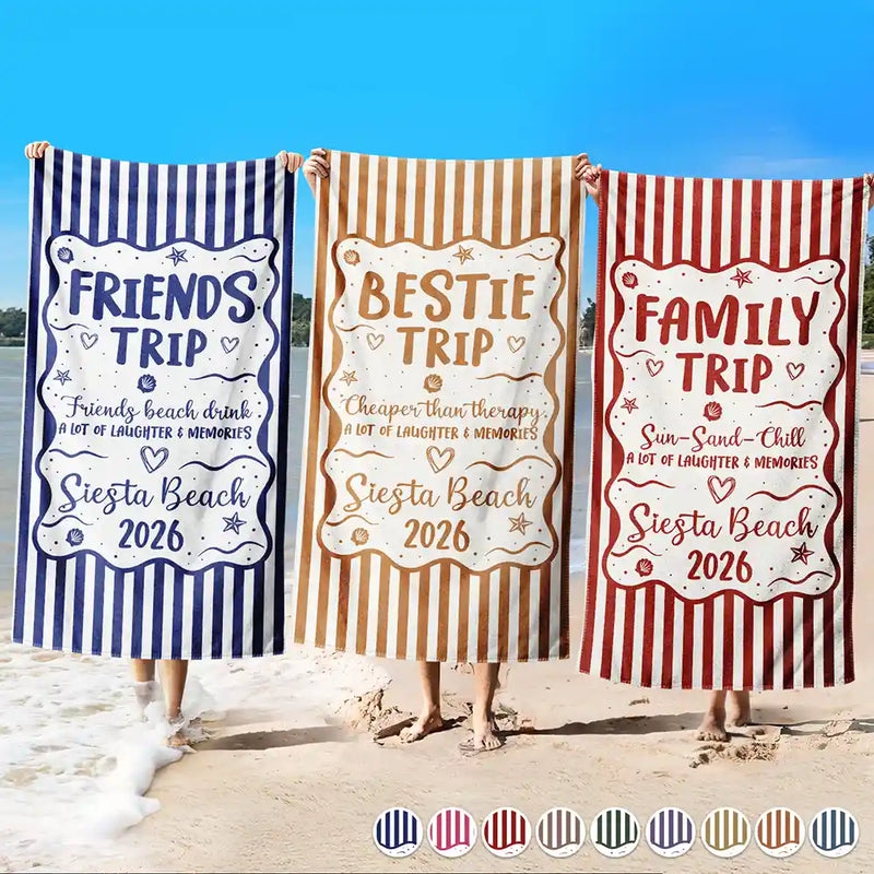 Gift For Bestie,Beach,Family,Happy,Icon - Girls Trip Family Trip On Vacation - Personalized Beach Towel