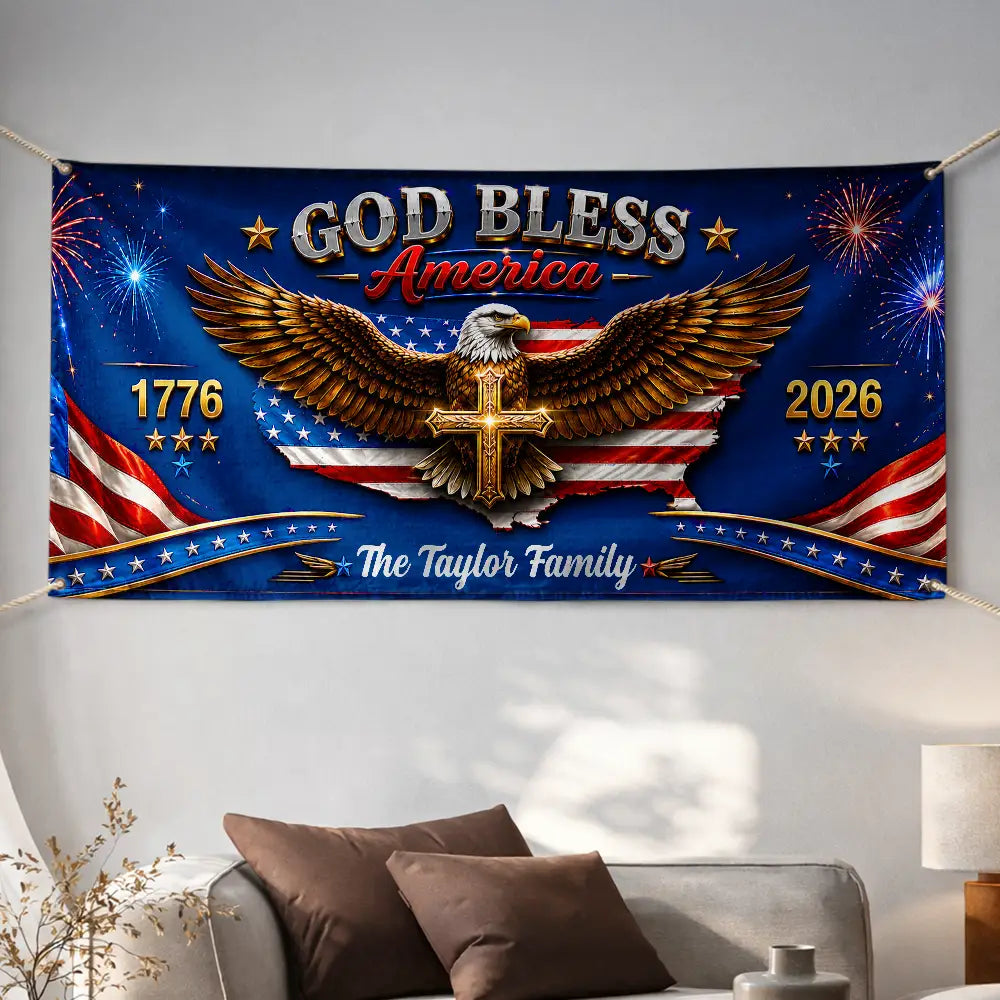 America 250th,Independence Day,Family,Proud,Custom Text - God Bless America - Personalized Horizontal Banner