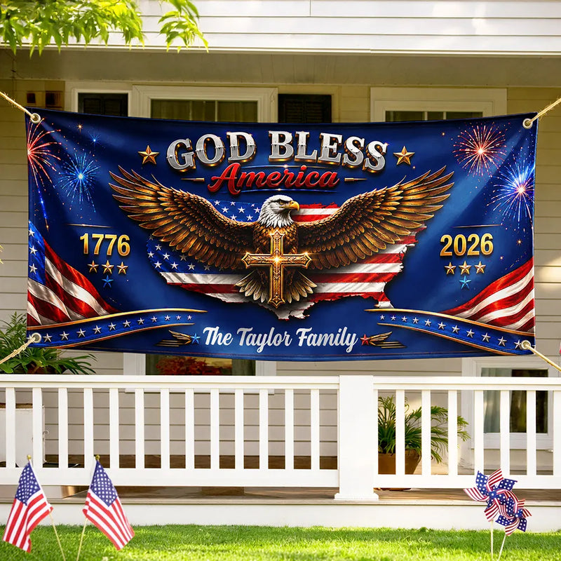 America 250th,Independence Day,Family,Proud,Custom Text - God Bless America - Personalized Horizontal Banner