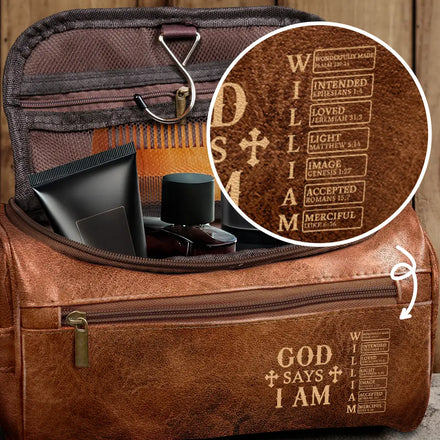 God Says I Am - Personalized Leather Toiletry Bag