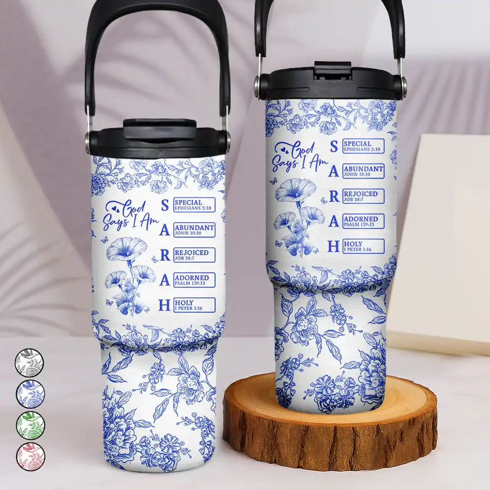 Gift For Yourself, Gift For Women, Happy - God Says I Am Toile De Jouy Flower - Personalized 30oz Tumbler With Handle