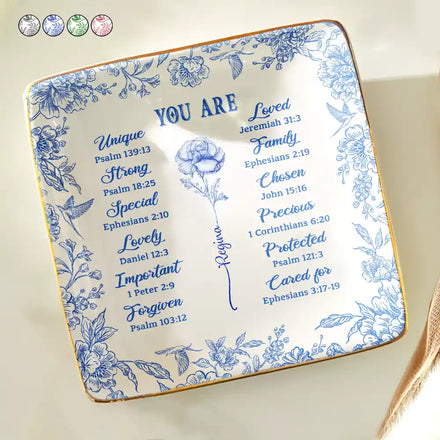 God Says You Are Toile De Jouy Birth Flower - Personalized Ring Dish