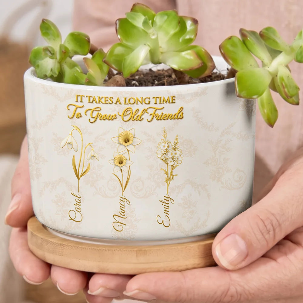 Old Besties, Sentimental, Gift For Bestie, Gardening, Outdoor Decor, Icon - Gold Birth Month Flower Grow An Old Friend - Personalized Plant Pot