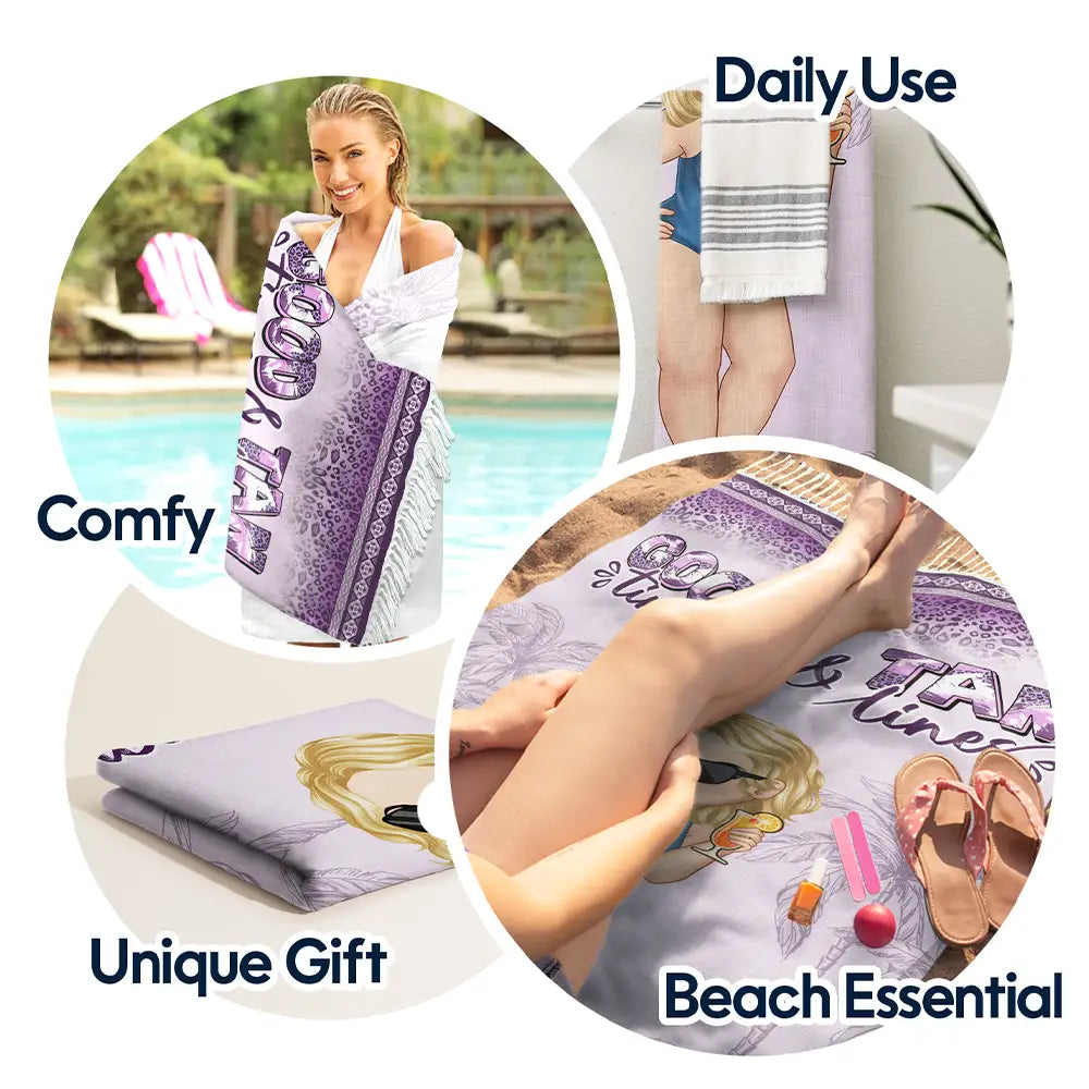 Gift For Women, Beach, Summer, Happy, Gift For Yourself - Good Times And Tan Lines - Personalized Turkish Beach Towel