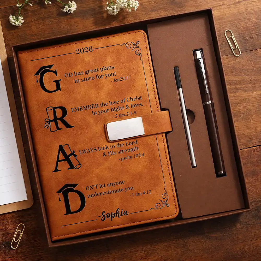 Grad Monogram With Faith-Filled Inspiration - Personalized Leather Notebook Set