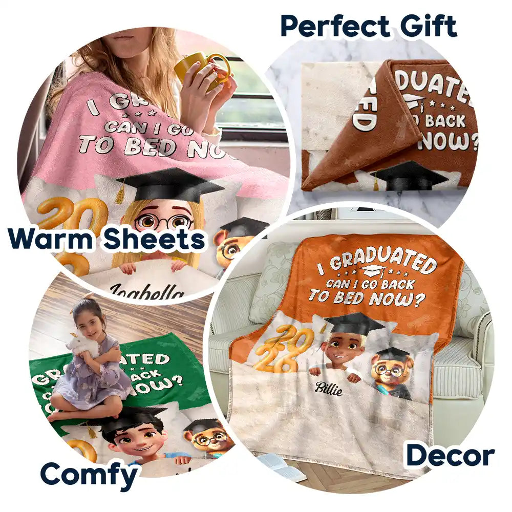 Graduation,Dad,Children,Mom,Gift For Sibling,Gift For Bestie - Graduated Can I Go Back To Bed Now - Personalized Fleece Blanket, Sherpa Blanket