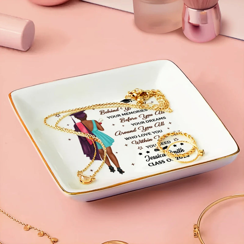 Graduation,Dad - Children,Mom - Children,Gift For Sibling,Gift For Bestie,Happy - Graduation Behind You All Your Memories - Personalized Ring Dish