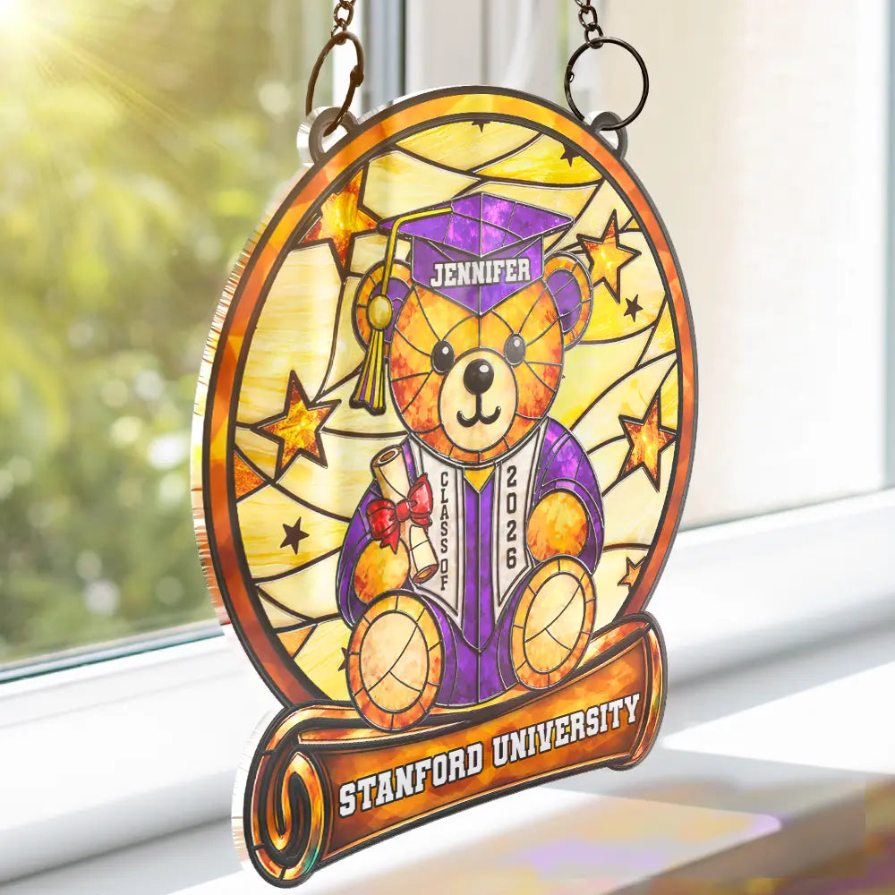 Graduation,Gift For Kids,Gift For Daughter,Gift For Son,Gift For Sibling,Gift For Sisters,Gift For Brothers,Gift For Bestie,Happy,Icon - Graduation Bear - Personalized Window Hanging Suncatcher Ornament