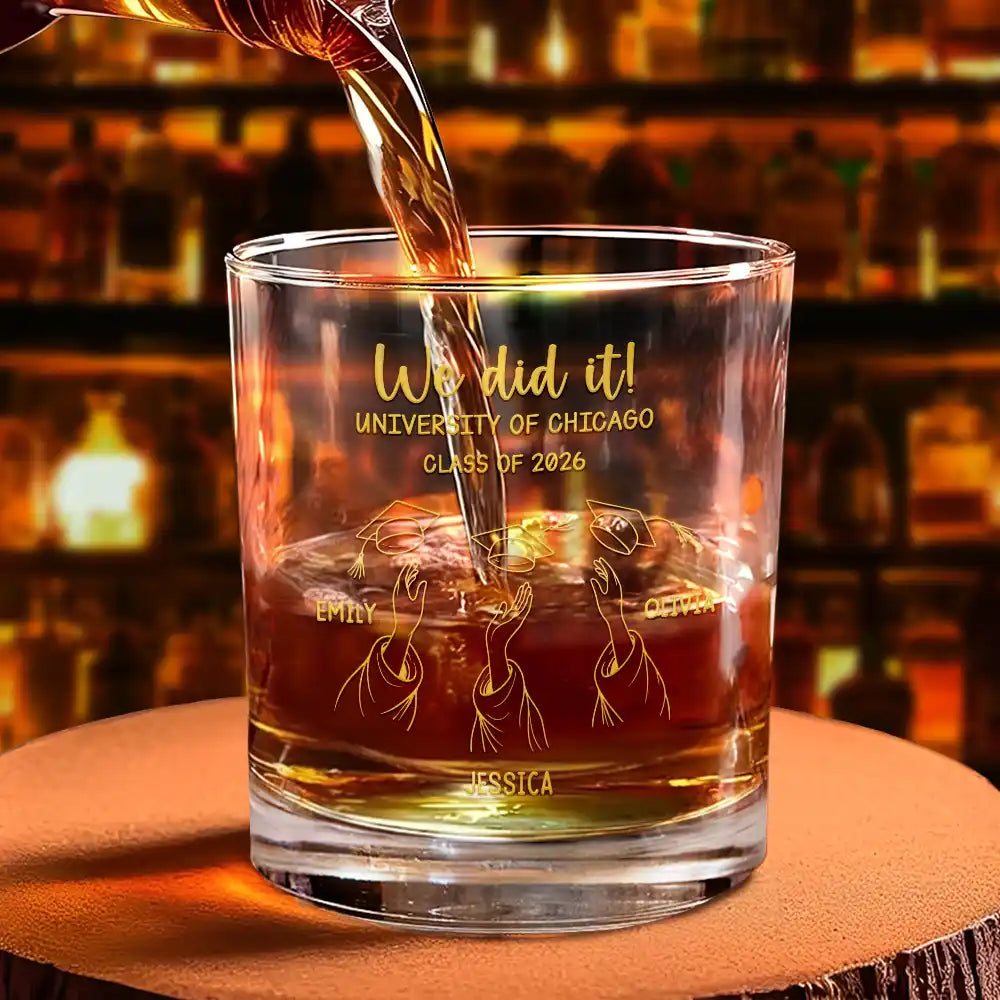 Gift For Bestie,Graduation,Happy,Icon - Graduation Cap Toss Metal Engraved Effect - Personalized Whiskey Glass