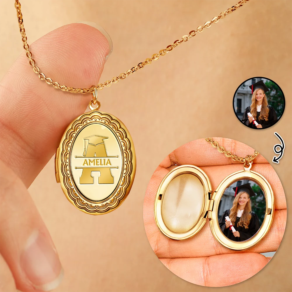 Custom Photo Graduation Alphabet Letter - Personalized Locket Necklace