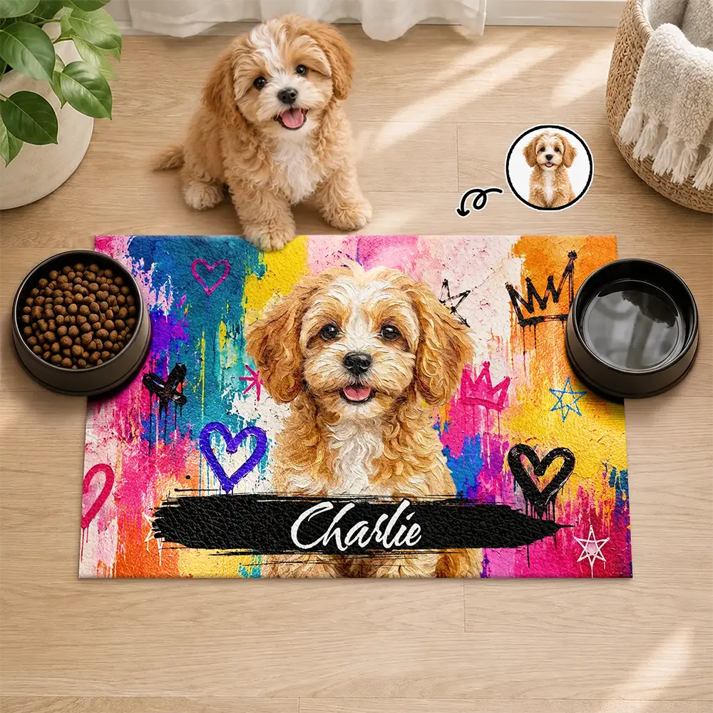 Graffiti Style Gift For Dog Cat Lovers - Personalized Custom Photo Pet Portrait With Name Pet Feeding Mat