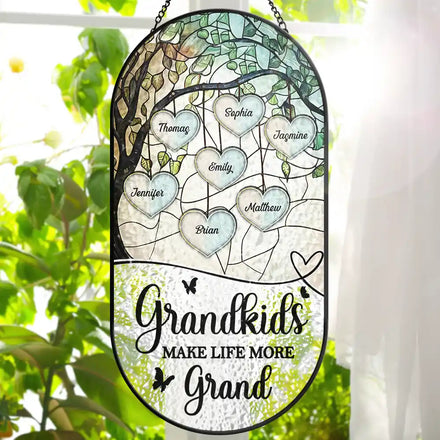 Grandkids Make Life More Grand - Personalized Rounded Rectangle Stained Glass Suncatcher