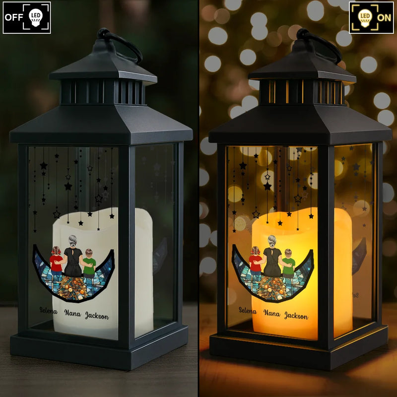 Gift For Women,Gift For Mother,Mom - Daughters (Adult),Mom - Daughters (Young),Mom - Sons,Gift For Grandma,Grandma - Grandkids,Gift For Grandkids,Gift For Daughter,Gift For Son,Love,Single Mom - Grandma Mom And Children Sitting On The Moon - Personalized LED Candle Lantern