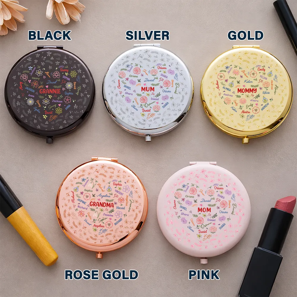 Gift For Grandma,Gift For Mother,Love,Happy - Grandma Mom Birth Flower Blooming In Love - Personalized Compact Mirror