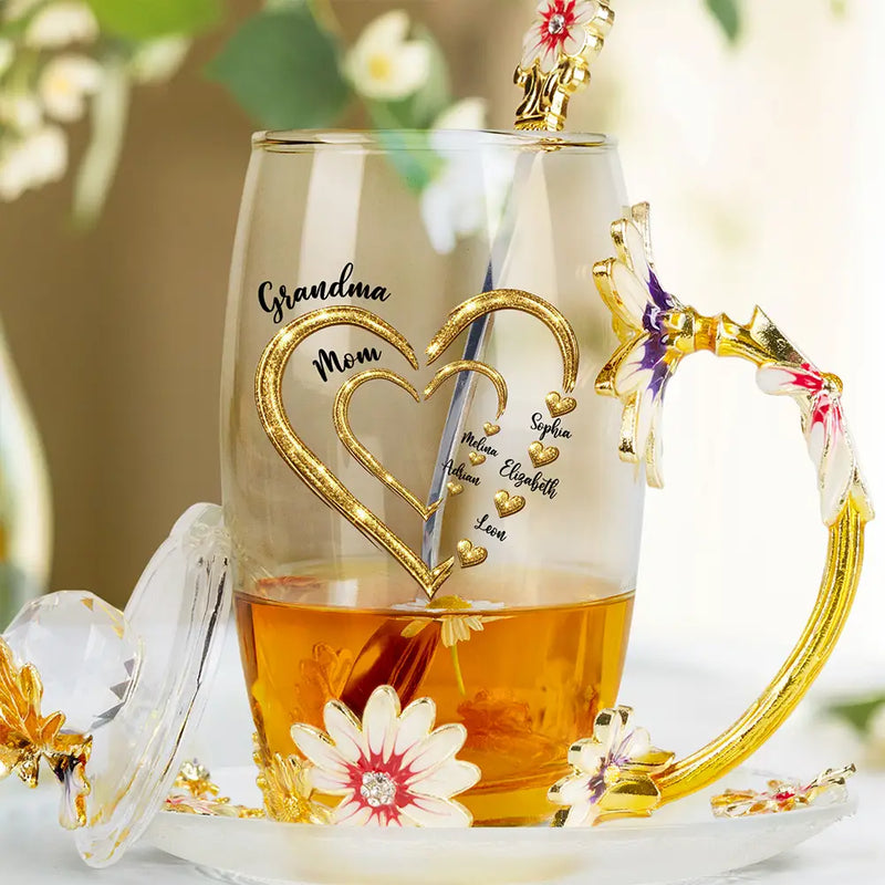 Gift For Grandma,Gift For Mother,Grandma - Grandkids,Happy - Grandma Mom Sweethearts - Personalized Glass Flower Tea Cup