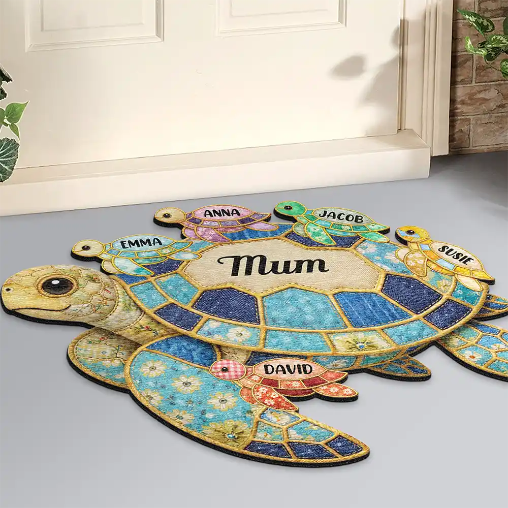 Happy,Gift For Wife,Gift For Yourself,Gift For Women,Gift For Mother,Gift For Grandma - Grandma Mom Turtle Faux Patchwork - Personalized Custom Shaped Doormat