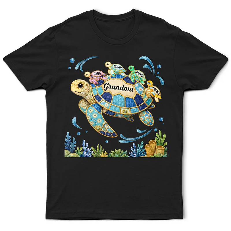 Happy,Gift For Wife,Gift For Yourself,Gift For Women,Gift For Mother,Gift For Grandma - Grandma Mom Turtle Faux Patchwork - Personalized T Shirt