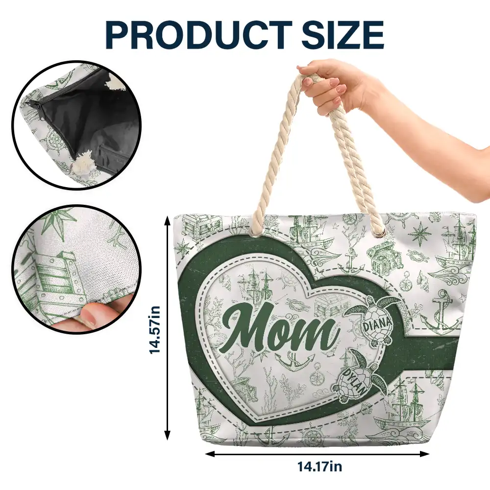 Gift For Grandma, Grandma - Grandkids, Beach - Grandma Mom Turtle Heart Toile - Personalized Beach Bag