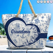 Gift For Grandma, Grandma - Grandkids, Beach - Grandma Mom Turtle Heart Toile - Personalized Beach Bag
