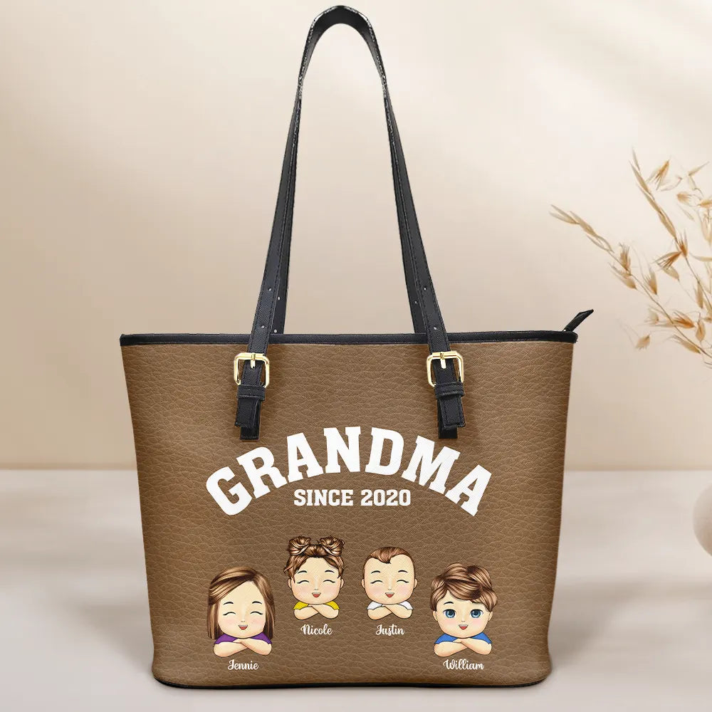 Gift For Mother, Gift For Grandma, Grandma - Grandkids, Happy - Grandma Mommy Since - Personalized Leather Tote Bag