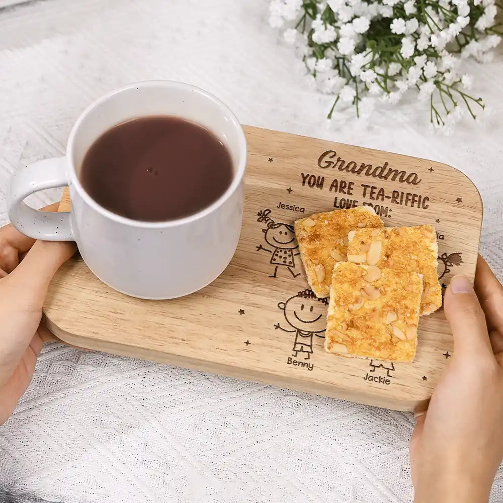 Gift For Grandma, Gift For Grandparents, Gift For Grandpa, Gift For Mother, Love - Grandma You Are Tea-Riffic - Personalized Serving Board With Cup Holder